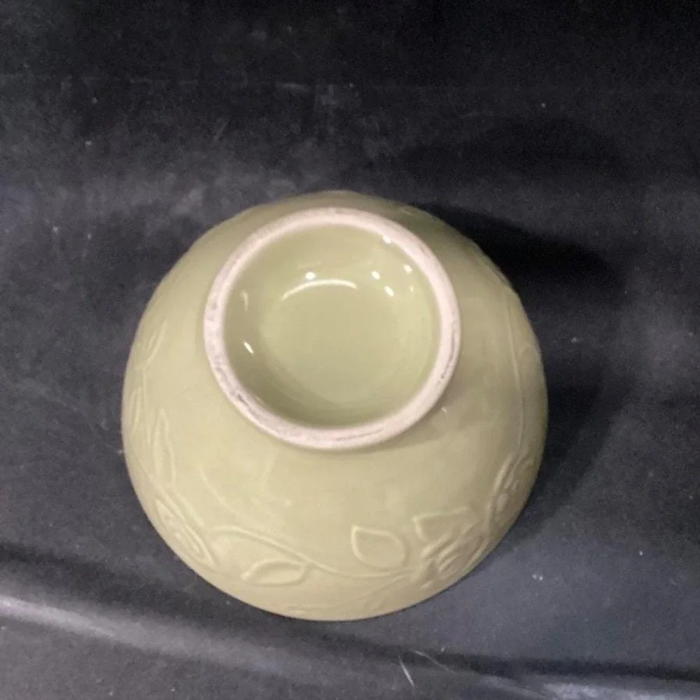Incised Rose Green Soup Bowls, Set of‎ 2, Floral Pedestal Dishes, Tableware
